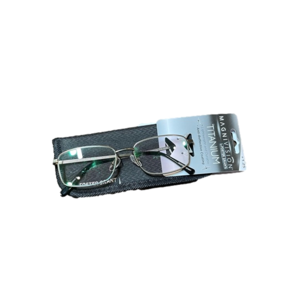 FOSTER GRANT TITANIUM metal frame reading glasses w/pouch. NEW. +1.25